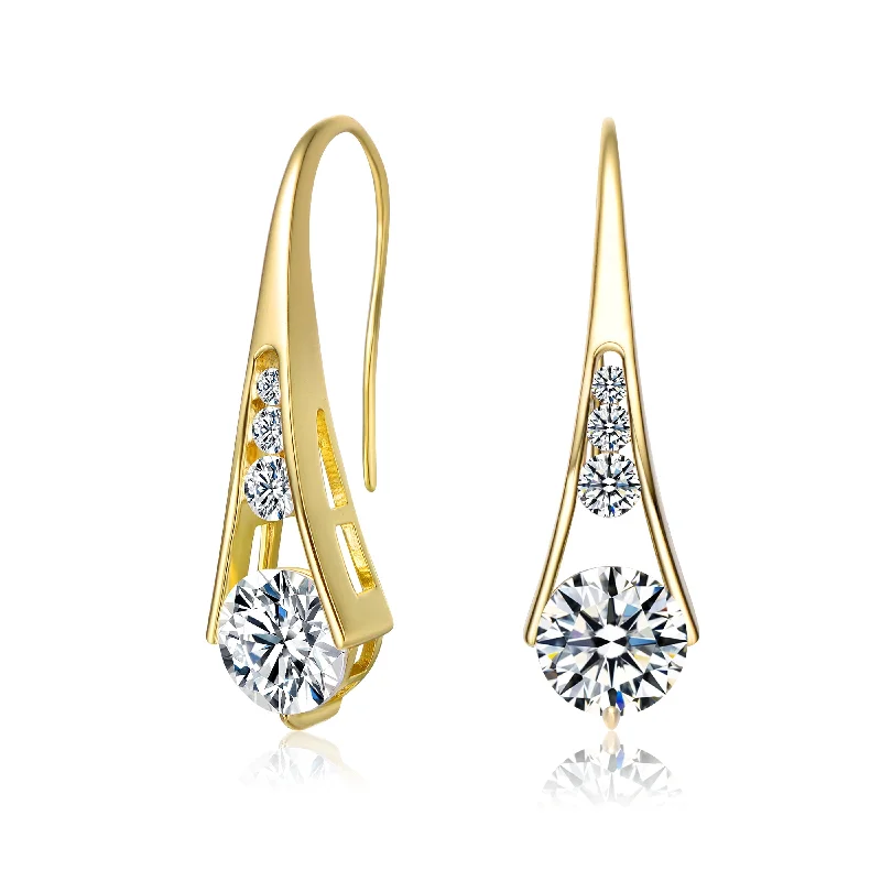 Casual earrings for women-Sterling Silver 14K Gold Plated Clear Cubic Zirconia Pear Drop Hook Earrings