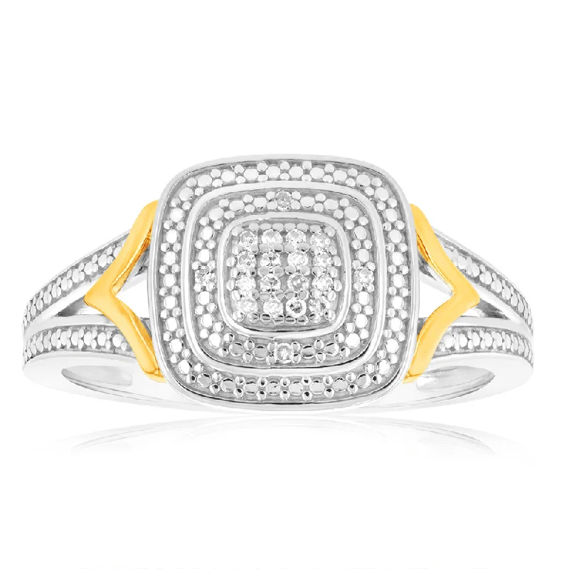 Classic engagement ring for women-Sterling Silver & 9ct Yellow Gold Diamond Cushion Ring with 20 Brilliant Cut Diamonds