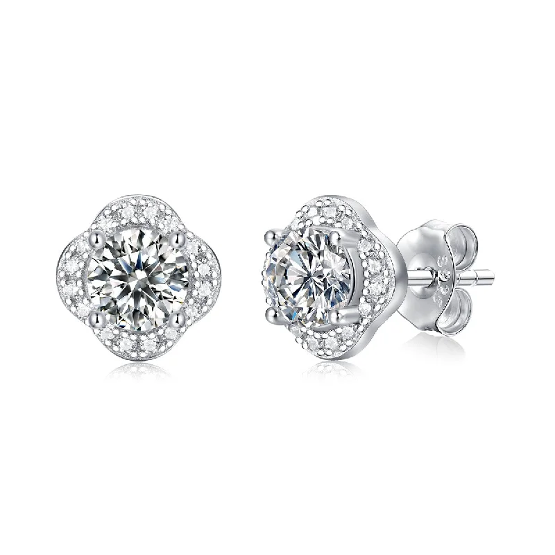 Stud earrings for women-Sterling Silver with 0.50ctw Lab Created Moissanite Round Halo Floral Cluster Stud Earrings