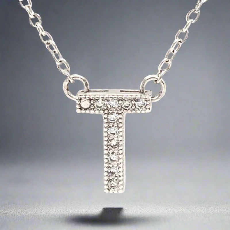 Long pendant necklace for women-SS Initial "T" CZ Necklace