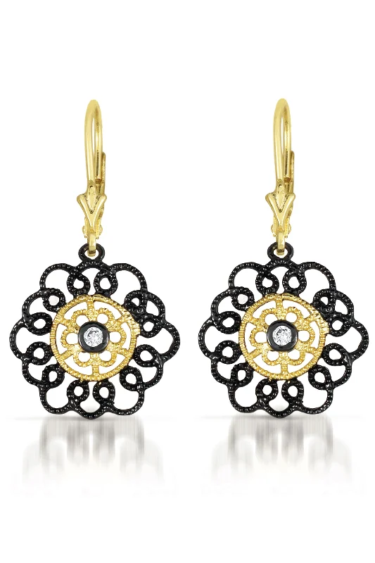 Lightweight earrings for women-Annette Black And Gold Plated Lace Flower Euro Earrings