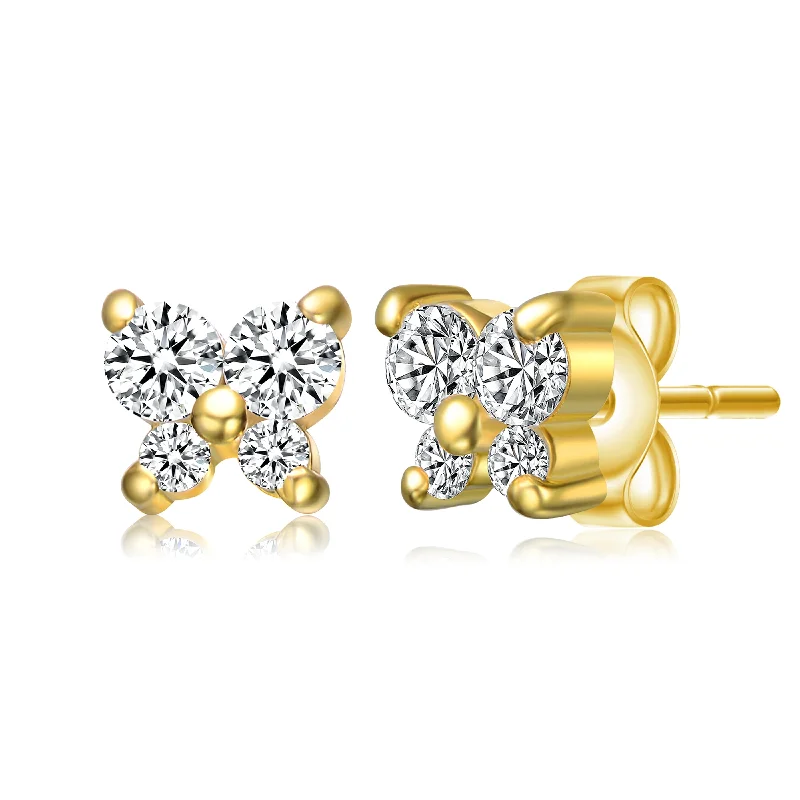 Sterling silver earrings for women-14k Gold Plated Cubic Zirconia Four-Stone Butterfly Cluster Stud Earrings