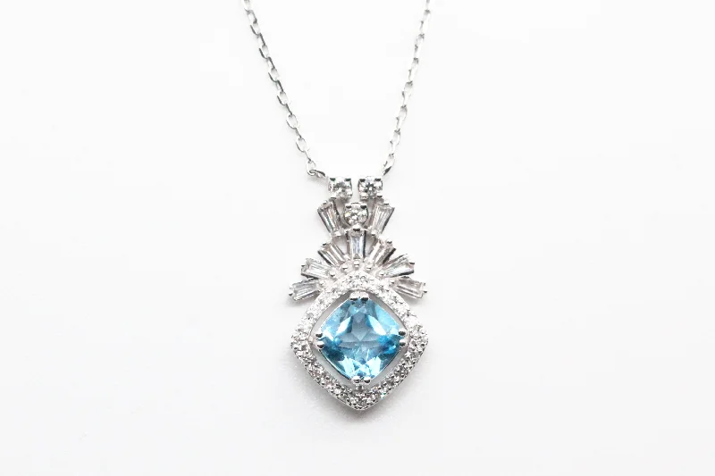 Diamond and sapphire necklace for women-White Gold Blue Topaz Art Deco Style Necklace