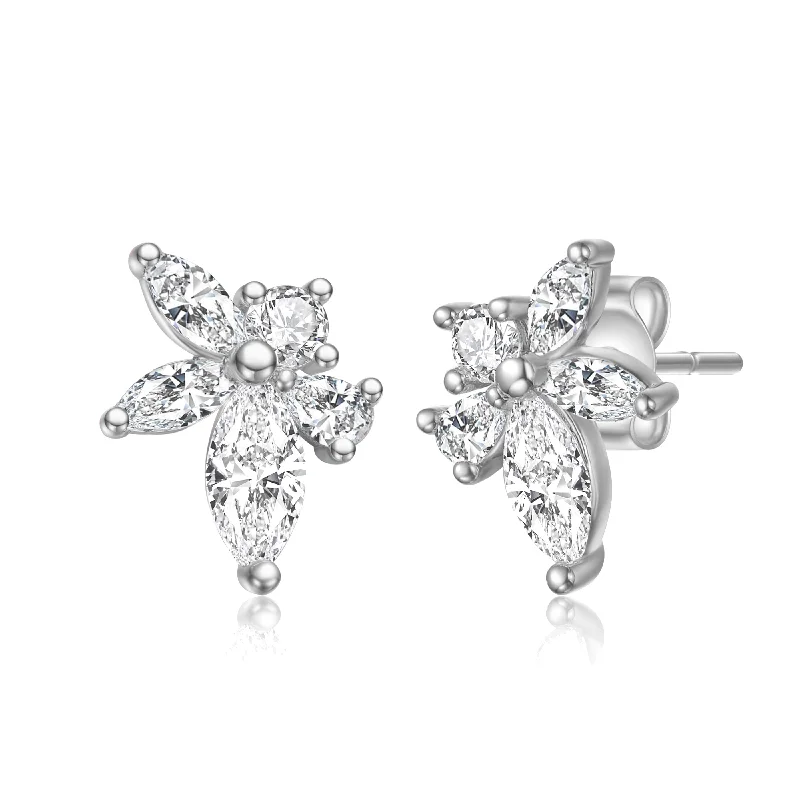 Bridal stud earrings for women-Sterling Silver White Gold Plated with Lab Created Moissanite Leaf Cluster Stud Earrings