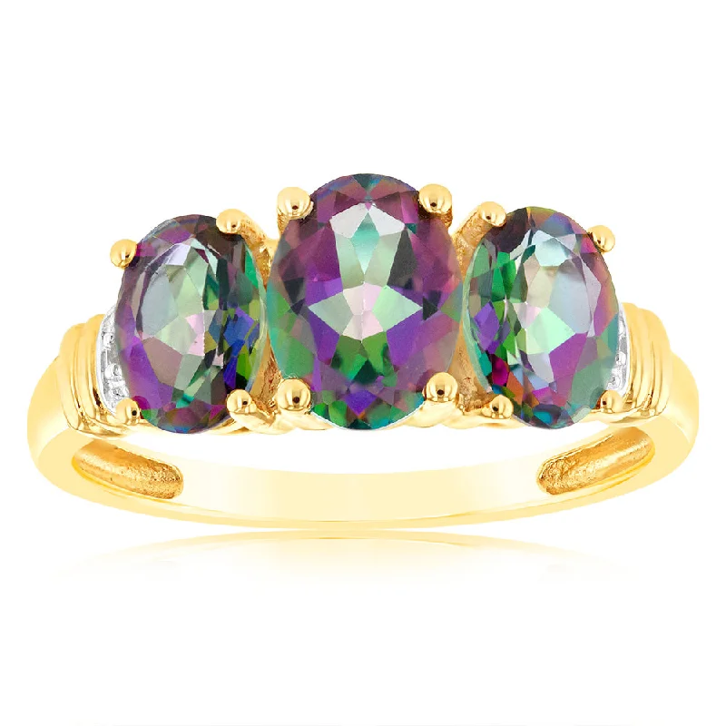 Solitaire diamond engagement ring for women-9ct Yellow Gold Oval Enhanced Mystic Topaz and Diamond Trilogy Ring