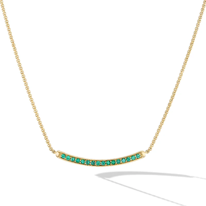 Long necklace for women-Petite Pavé Bar Necklace in 18K Yellow Gold with Emeralds\, 1.25mm