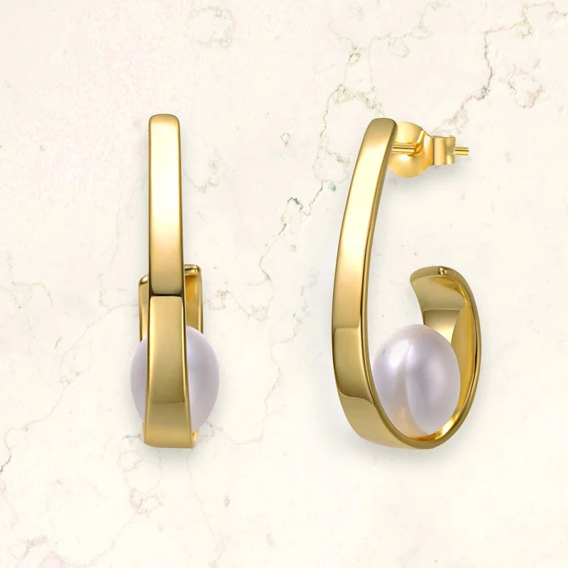 Gold earrings for women-Delphine Golden Ribbon Pearl Earring