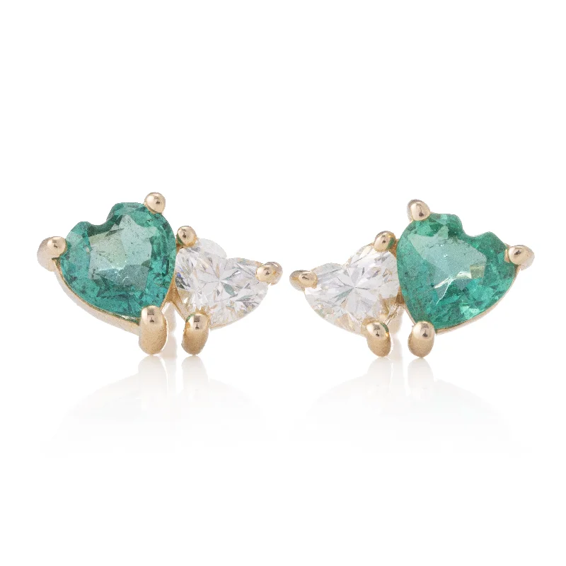 Bridal stud earrings for women-Heart Shaped Emerald and Diamond Studs