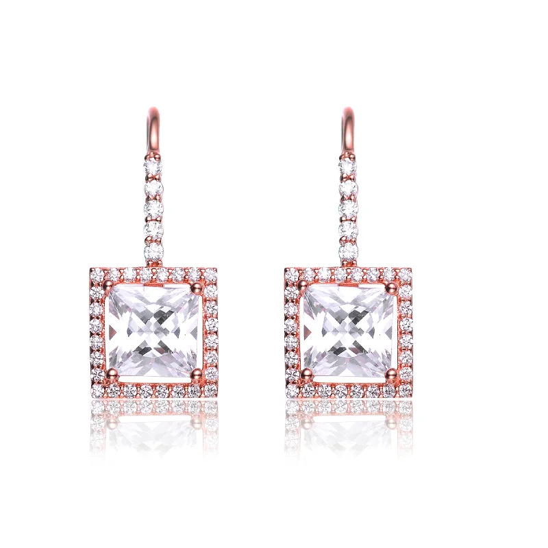 Geometric earrings for women-Sterling Silver Cubic Zirconia Princess Cut Dangle Earrings