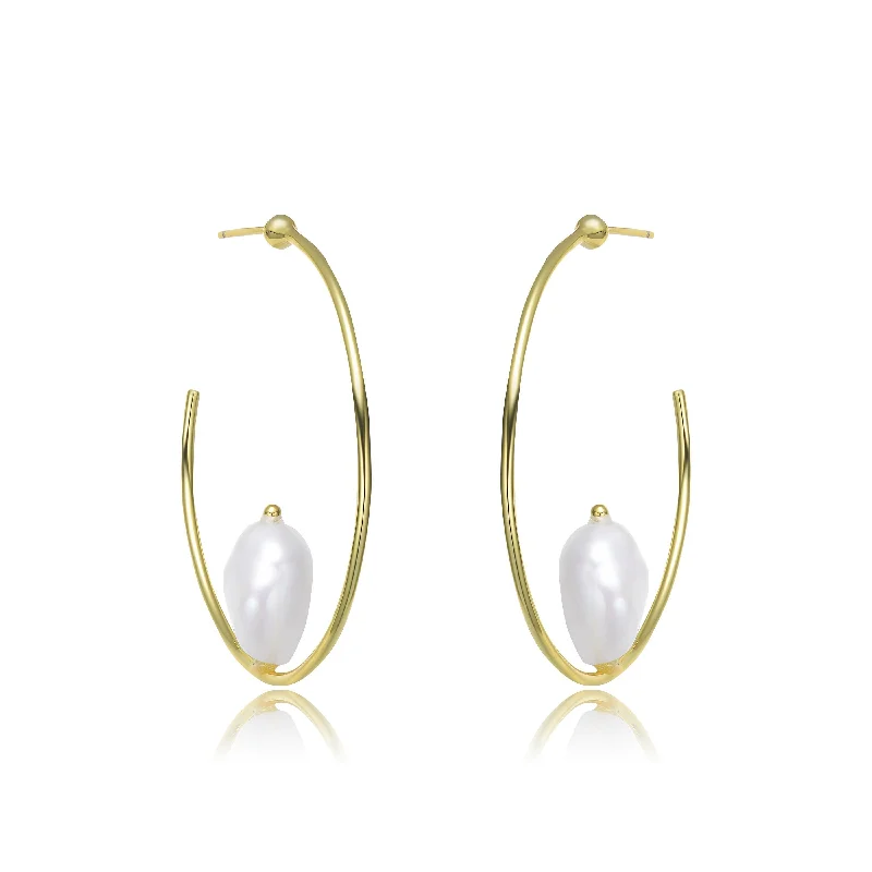 Gold hoop earrings for women-Classy Sterling Silver with Gold Plating and Genuine Freshwater Pearl Hoop Earrings