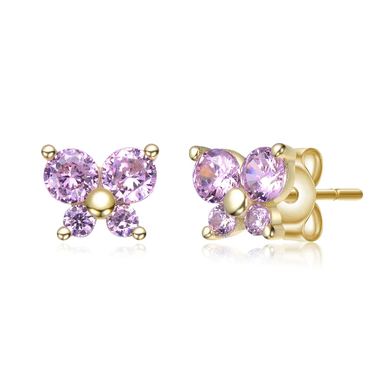 Gold drop earrings for women-Pink Sterling Silver 14k Gold Plated Cubic Zirconia Four-Stone Butterfly Cluster Stud Earrings