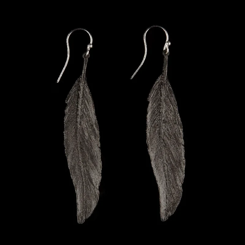 Sterling silver drop earrings for women-Feather Earrings - Long Single Wire Gunmetal