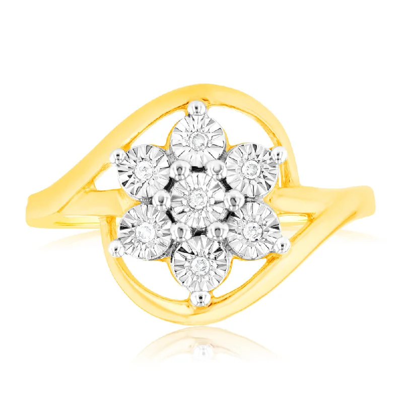 Engagement ring with emerald for women-Diamond Flower Ring in 9ct Yellow & White Gold