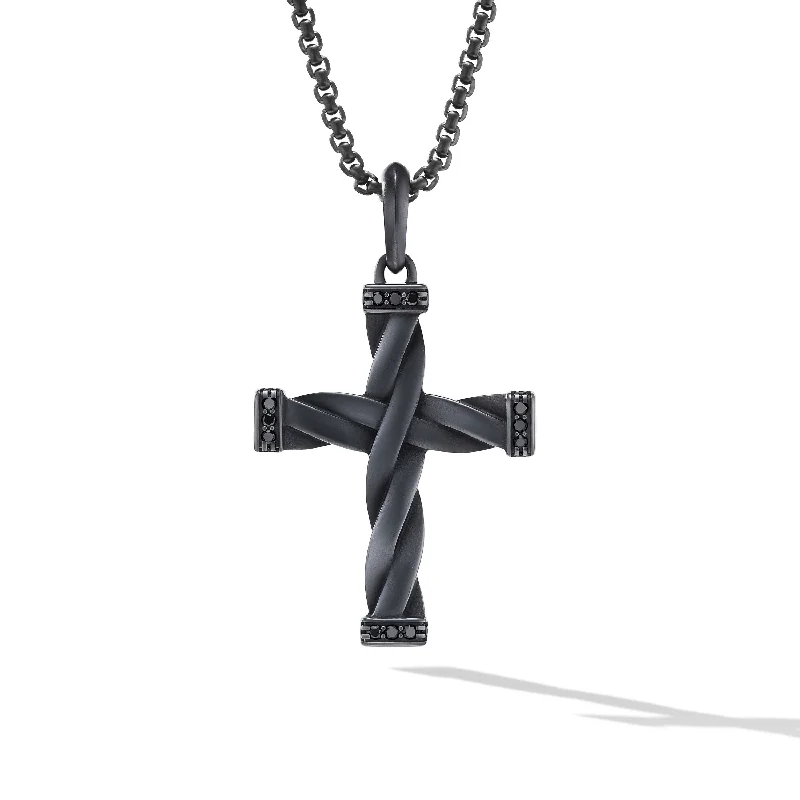 Birthstone necklace for women-DY Helios™ Cross Pendant in Black Titanium with Black Diamonds\, 48mm