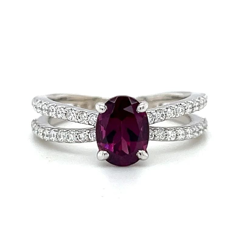 Engagement ring with colored gemstone for women-18k White Gold Rhodolite Garnet & Diamond Fashion Ring by IJC