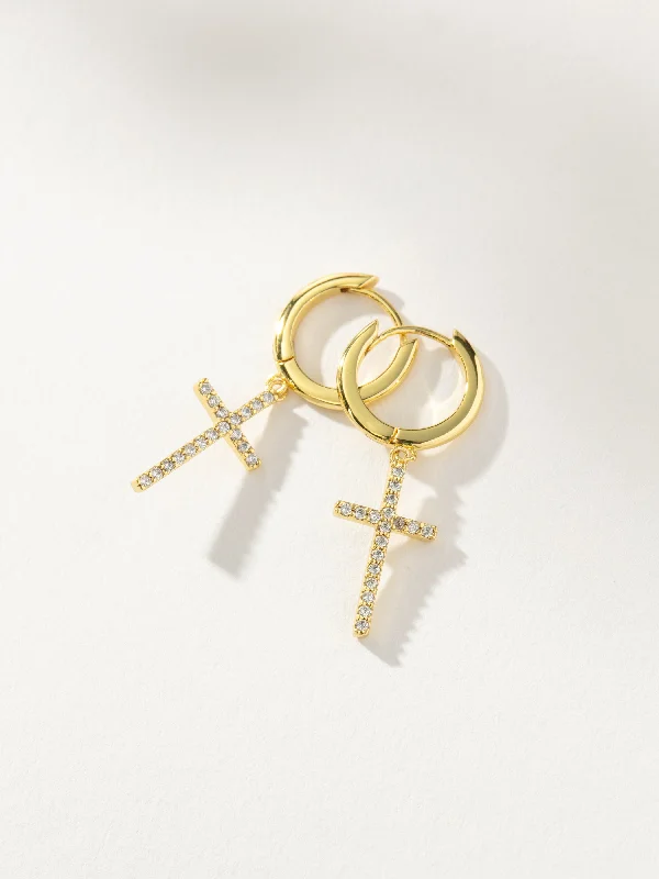 Elegant earrings for women-Pavé Cross Huggie Earrings