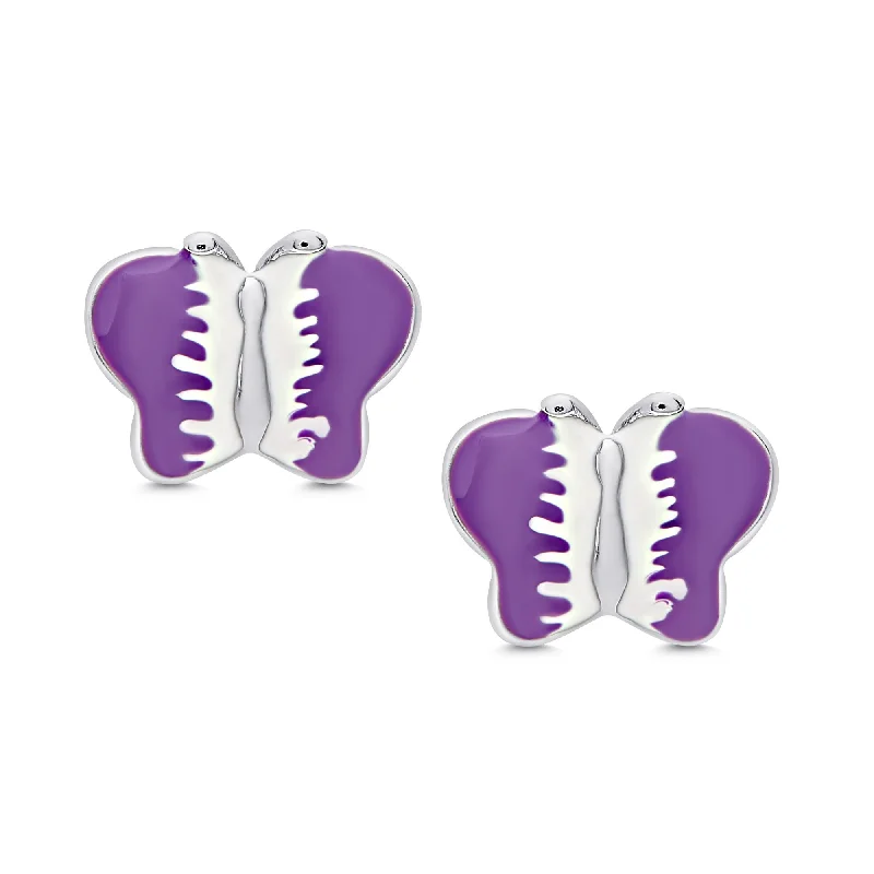 Birthstone stud earrings for women-Butterfly Stud Earrings in Sterling Silver - Purple