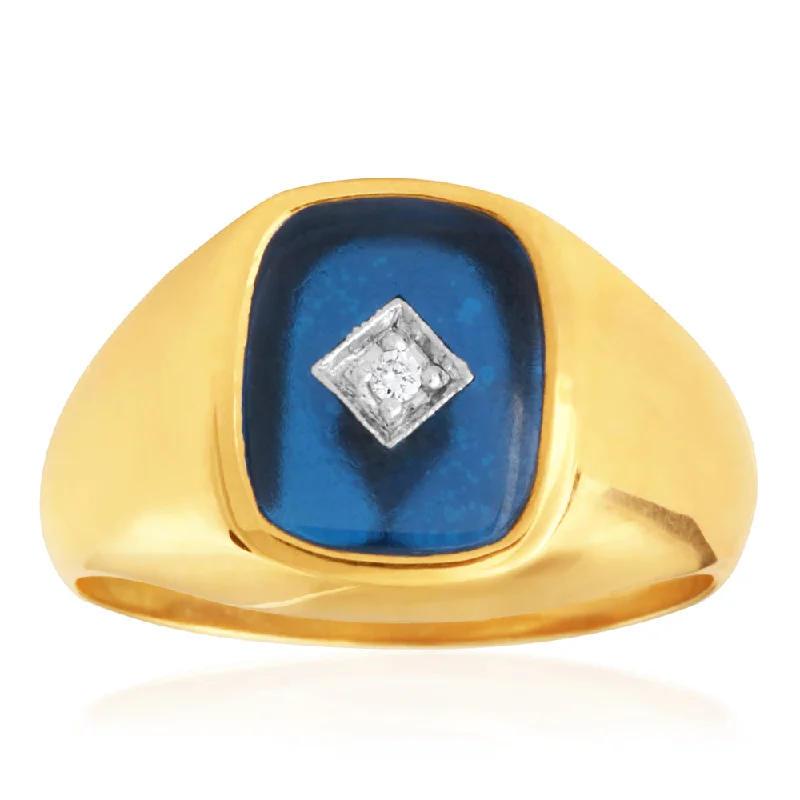 Engagement ring with large sapphire for women-9ct Yellow Gold Created Blue Spinel & Diamond Gents Ring  (No Resize)