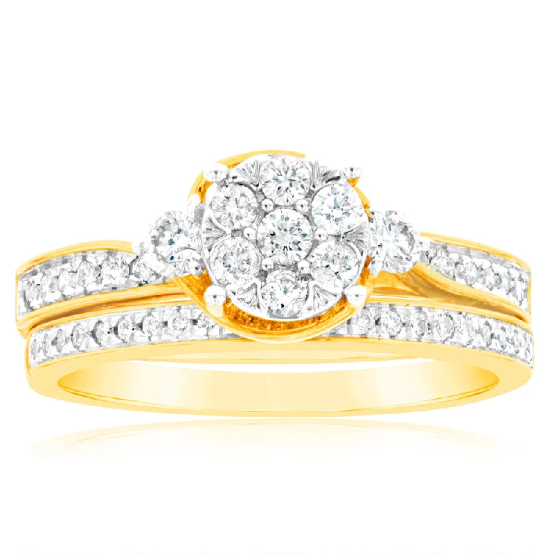 Unique halo engagement ring for women-9ct Yellow Gold 3/5 Carat Diamond Bridal Ring Set