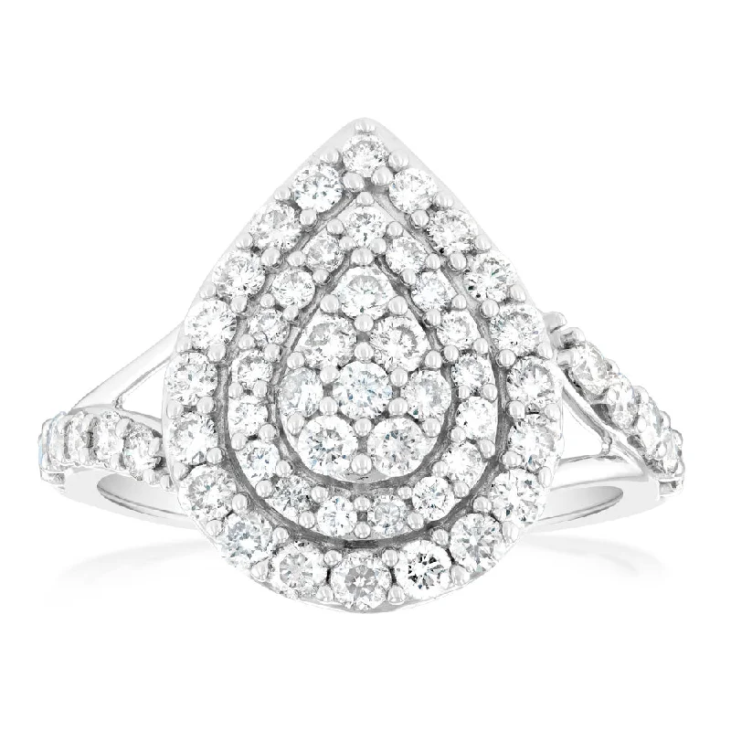 Engagement ring with side stones for women-9ct White Gold 1 Carat Diamond Pear Shape Cluster Ring