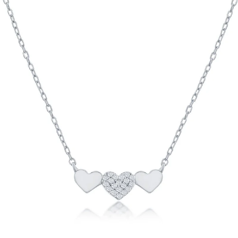 Multi-layered necklace for women-SS Triple Heart CZ Bar Necklace