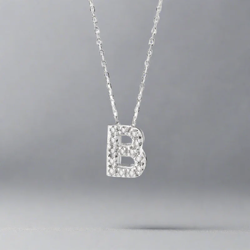 Adjustable chain necklace for women-14K W Gold small 0.02ctw H/I1-SI2 diamond initial 'B' pendant