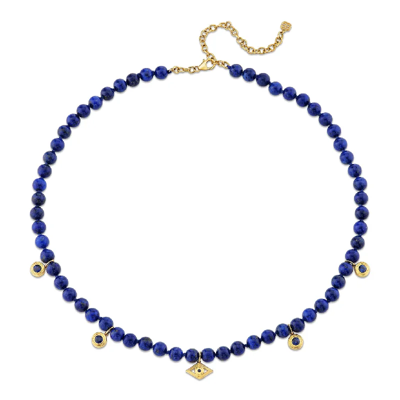 Rose gold chain necklace for women-Gold & Sapphire Fluted Single Stone Charms and Fluted Evil Eye Charm on Lapis Beaded Necklace Combo