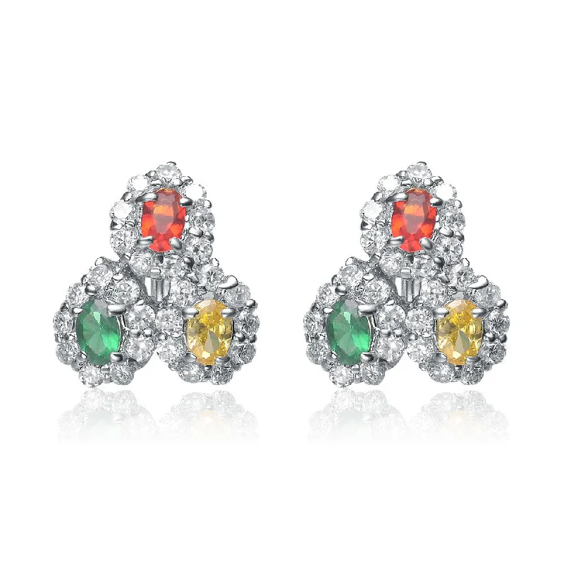 Engagement earrings for women-Sterling Silver Multicolor Cubic Zirconia Trifecta Earrings