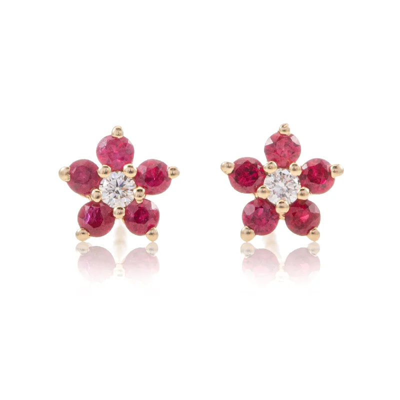 Birthstone earrings for women-Tiny Ruby Flower Studs