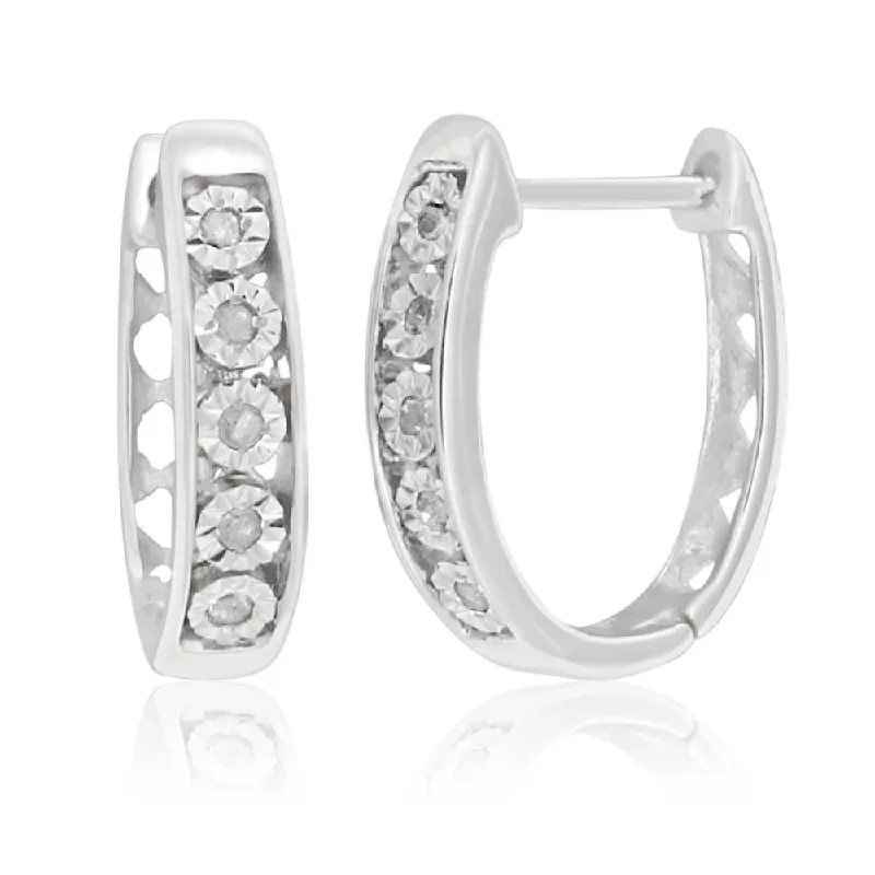 Classic diamond engagement ring for women-Sterling Silver Hoops with Diamonds