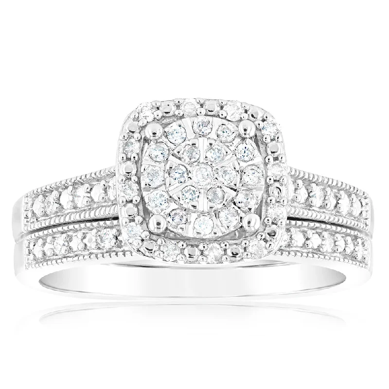 Princess cut engagement ring for women-1/4 Carat Diamond 2-Ring Bridal Set in Sterling Silver