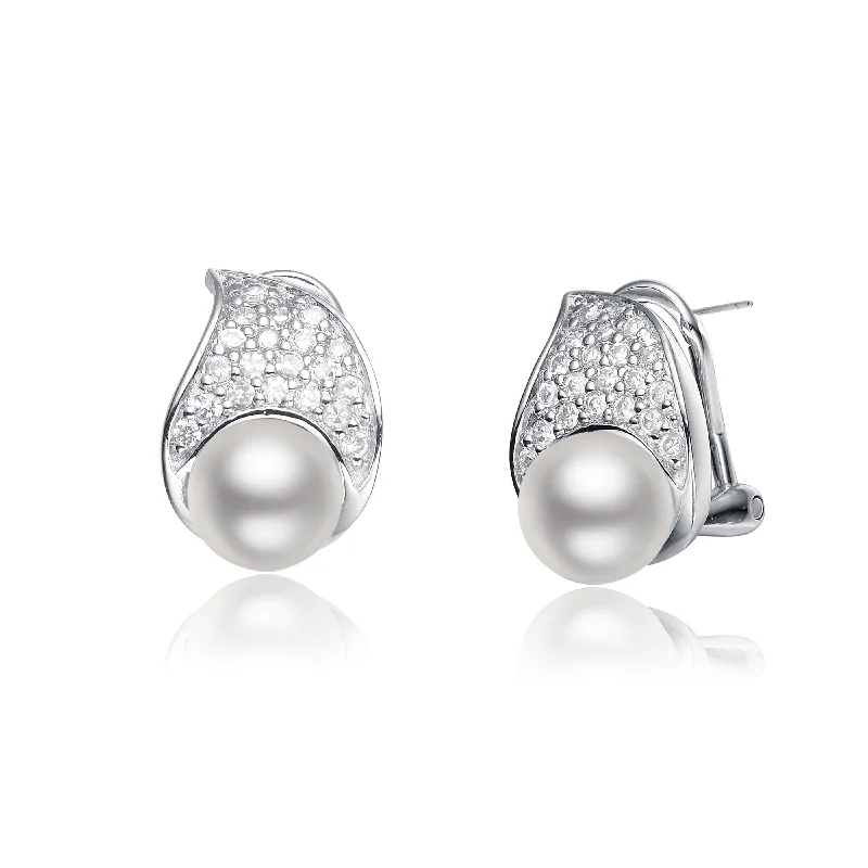 Gemstone earrings for women-CZ Sterling Silver Pearl Earrings