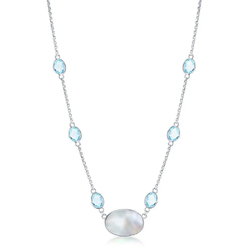 Statement gemstone necklace for women-SS Oval Blue Topaz and Mother Of Pearl Necklace