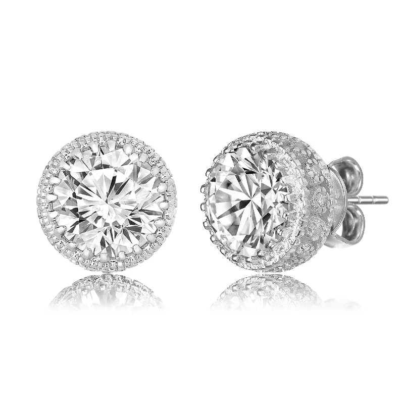 Silver earrings for women-Les Haudères Moissanite Solitaire Crown Pave Stud Earrings