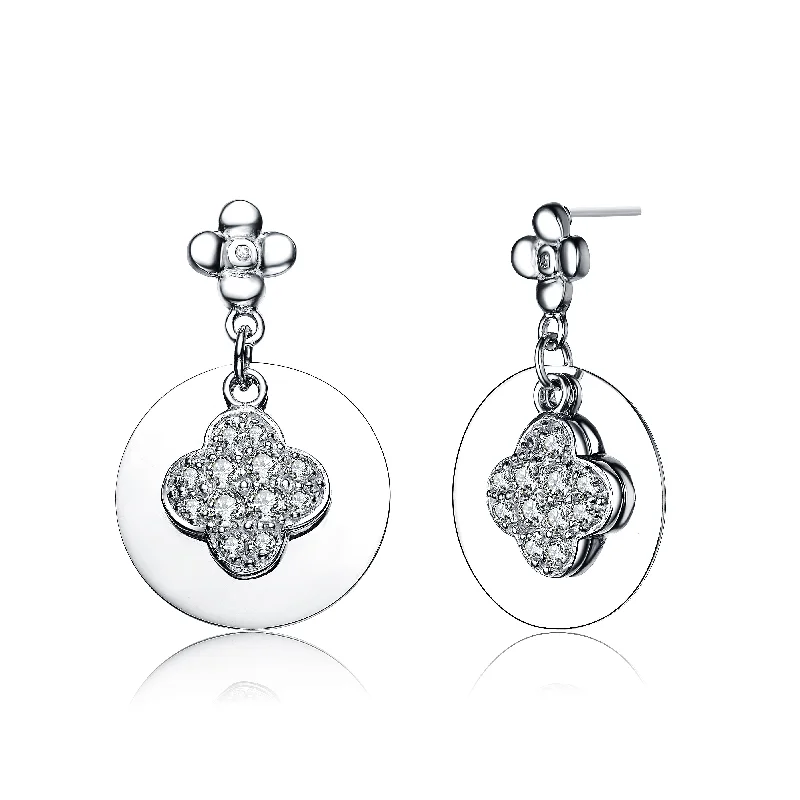 Casual earrings for women-CZ SS Rhodium Plated Round Drop Flower Design Earrings