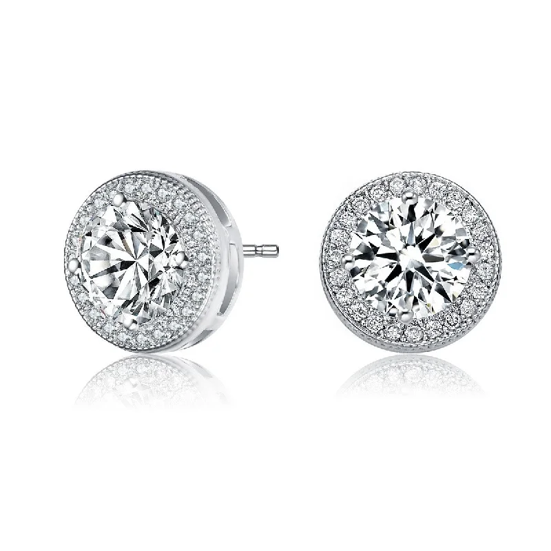 Long chain earrings for women-Marie Solitaire Halo Stud Earrings