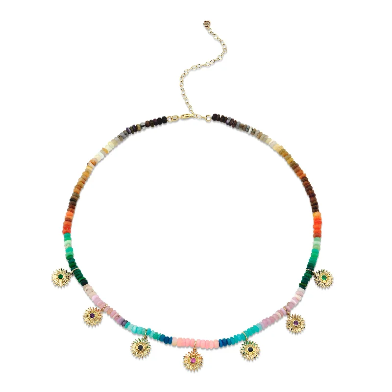 Matching necklace and earrings for women-Gold & Rainbow Multi-Charm Sunburst Opal Necklace