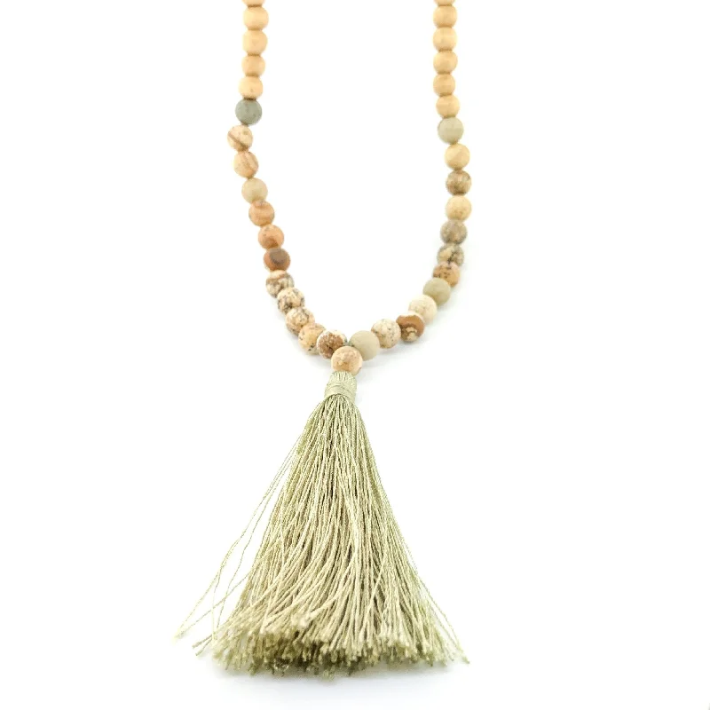 Silver statement necklace for women-Wood Bead Sage Tassel Necklace