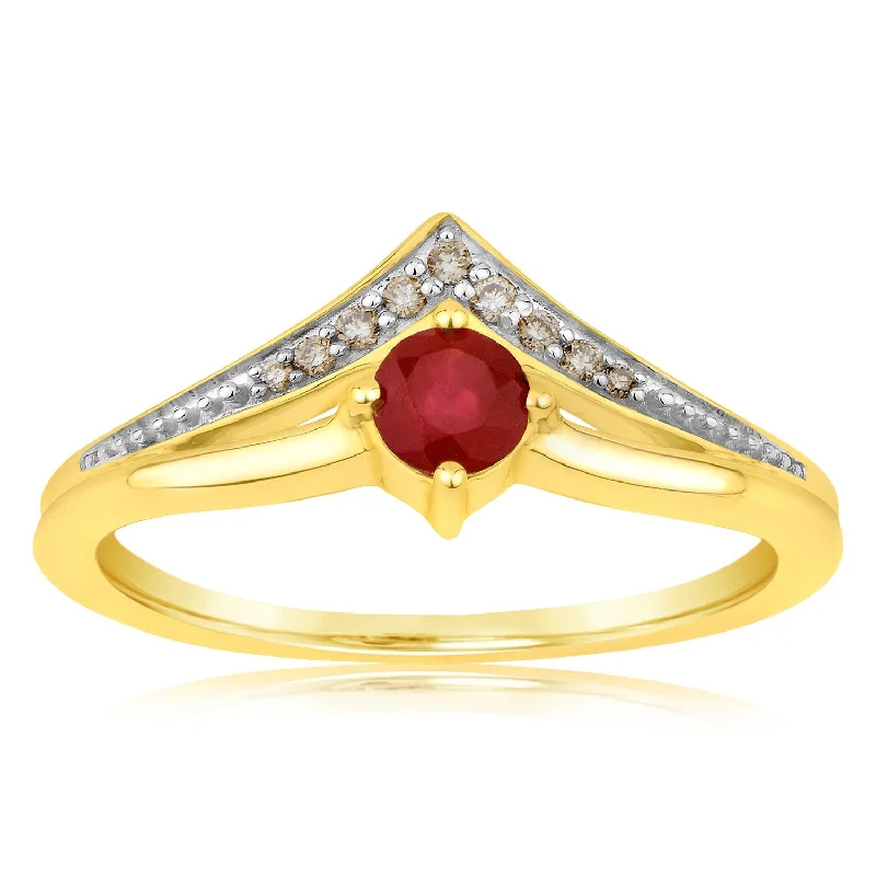 Designer rose gold engagement ring for women-9ct Yellow Gold Diamond And Created Round Ruby Ring