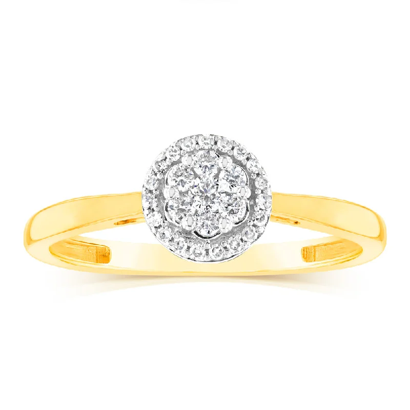 Vintage-inspired engagement ring for women-9ct Yellow Gold 1/7 Carat Diamond Cluser Halo Ring