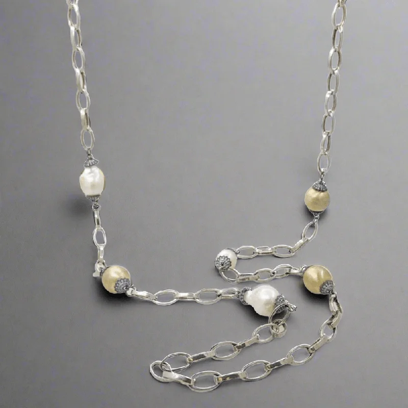 Unique necklace for women-YGP Sterling Baroque Freshwater Pearl & CZ 42” Necklace