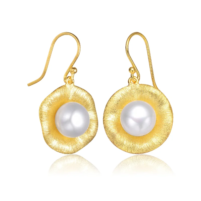 Dangle earrings for women-Delphine Golden Brushed Flower Pearl Earrings