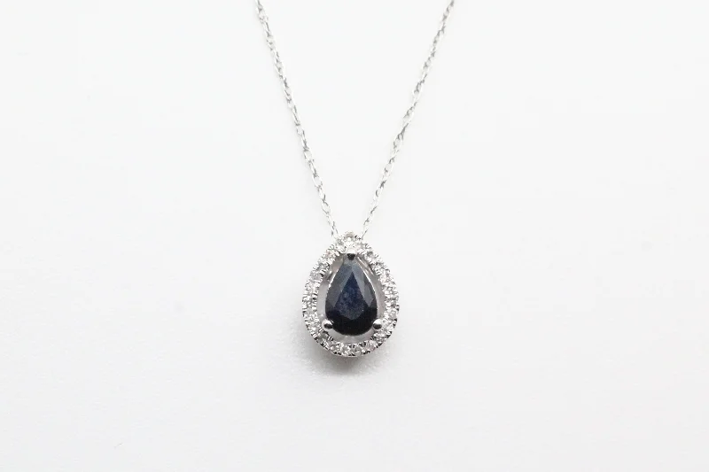 Minimalist necklace for women-White Gold Sapphire with Diamond Halo Necklace