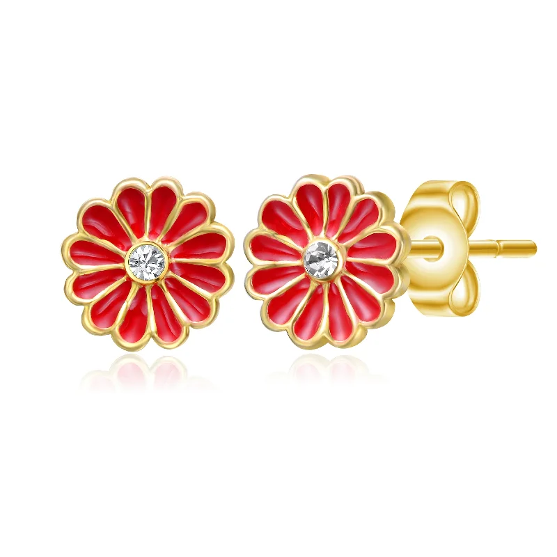 Big hoop earrings for women-14k Gold Plated Clear Cubic Zirconia & Red Enamel Flower Stud Earrings