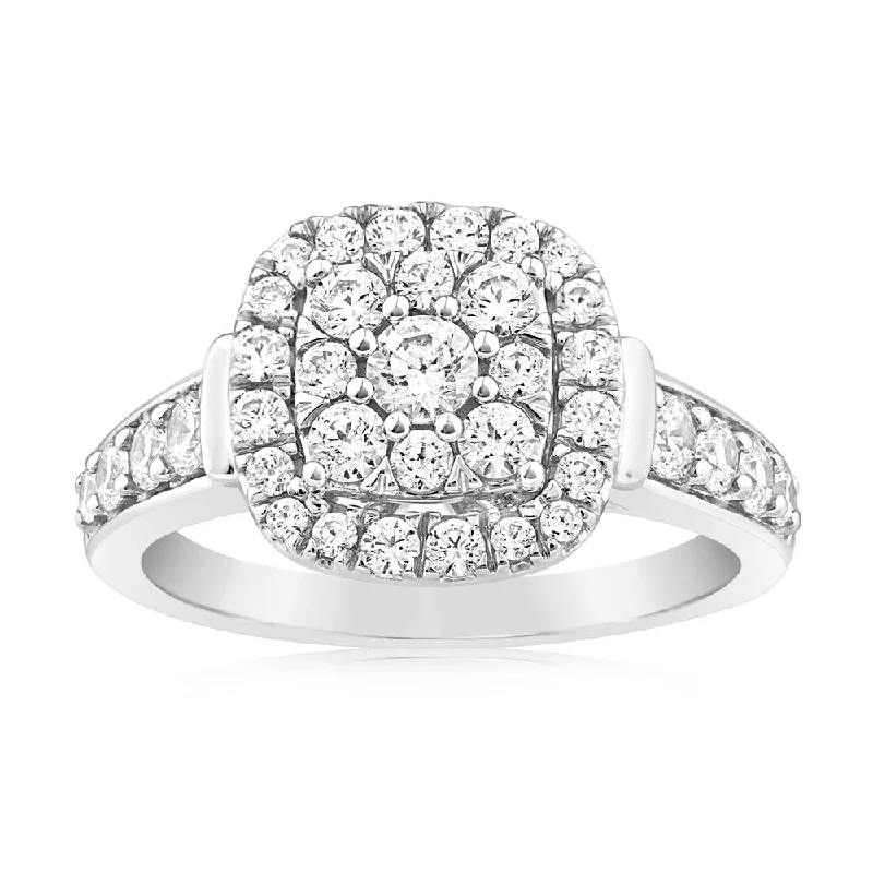 Traditional diamond engagement ring for women-0.95 Carat Diamond Cushion Cluster Ring in 14ct White Gold