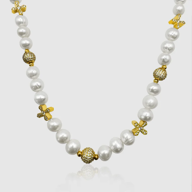 Custom necklace for women-Iced Cross Real Pearl Necklace (Gold)