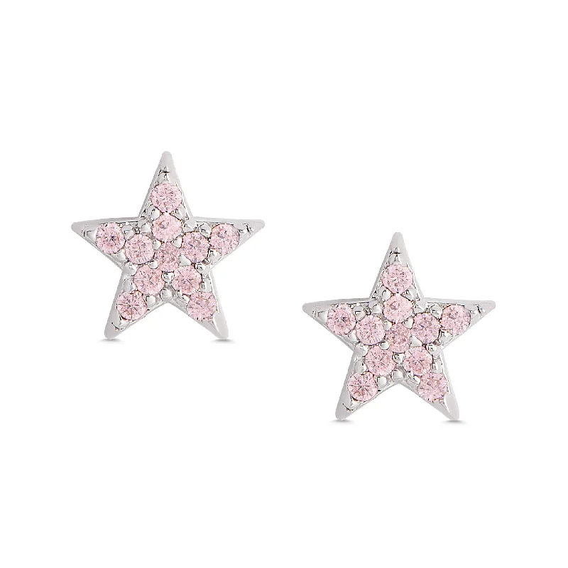 Silver stud earrings for women-Pink CZ Star Stud Earrings in Sterling Silver