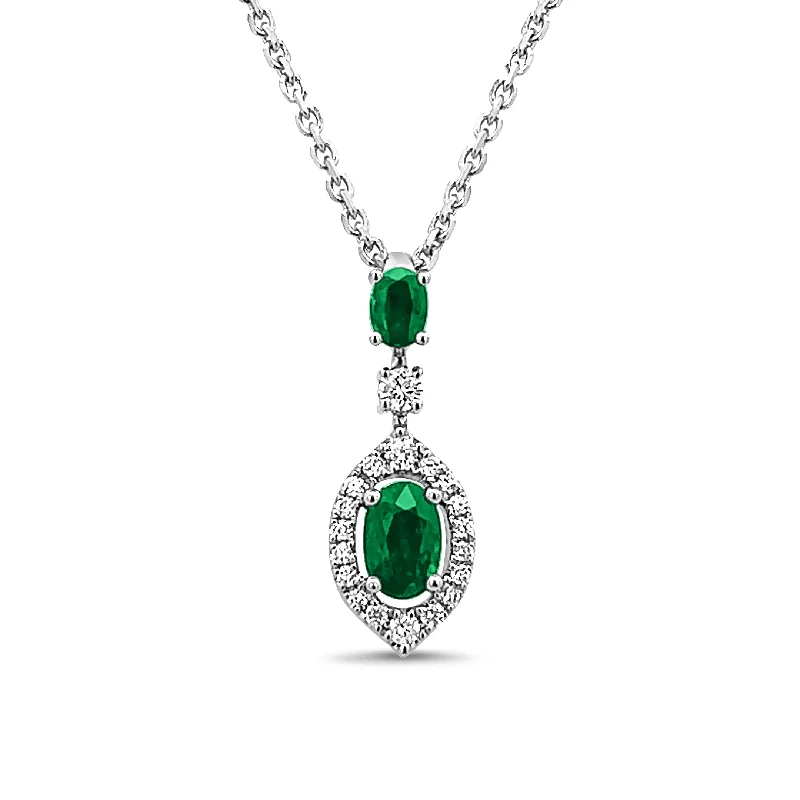 Classic gold necklace for women-Double Oval Emerald and Diamond Pendant