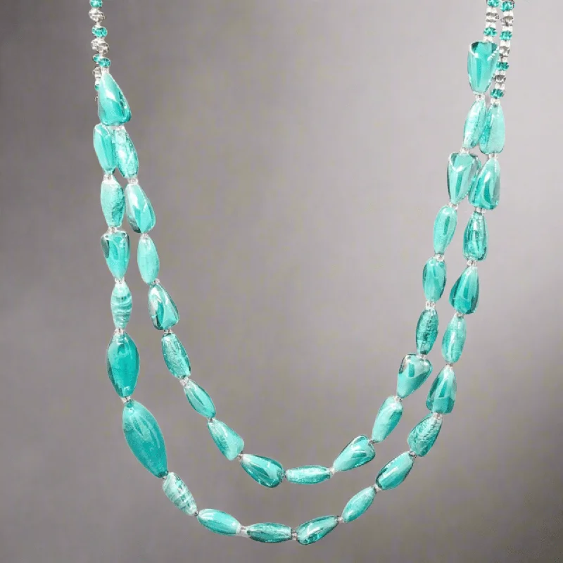 Simple gold necklace for women-STST Teal Murano Glass Double Strand Graduated Beaded Necklace