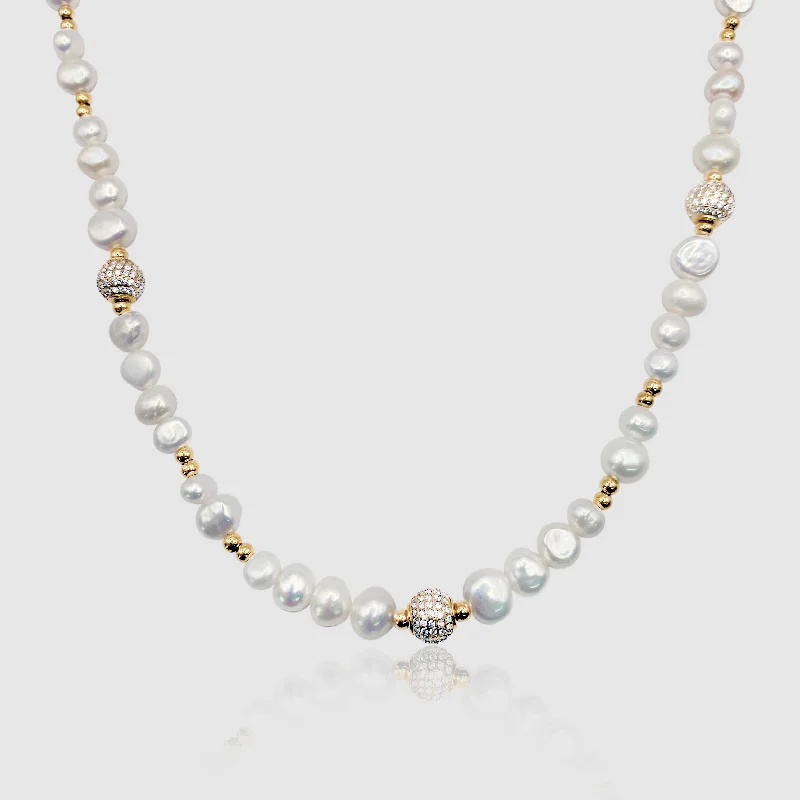 Simple gold necklace for women-Iced Beaded Real Pearl Necklace (Gold)